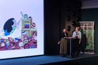 Barbara KOSK&Oacute; - Screenwriter and Krisztina MUR&Aacute;NYI - Director on stage pitching the project